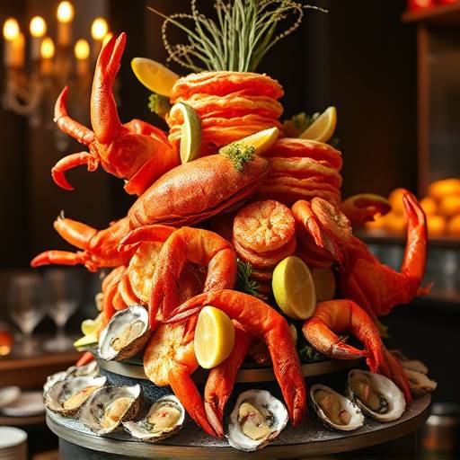 A magnificent seafood tower, piled high with lobster, crab, shrimp, and oysters