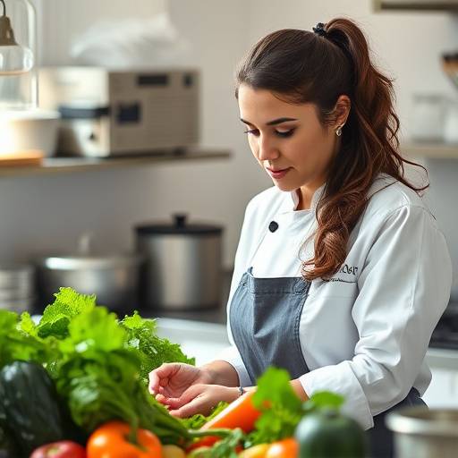 Chef Adriana inspecting fresh, locally sourced produce in the kitchen
