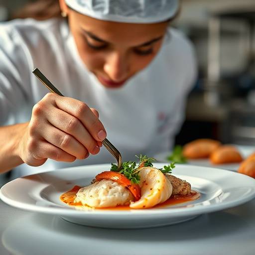 Chef Adriana Vargas meticulously plating a delicate seafood dish