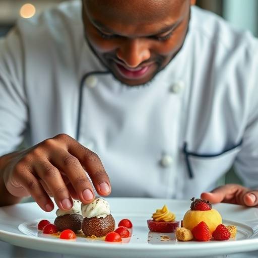Chef Marcus Williams carefully plating a dessert