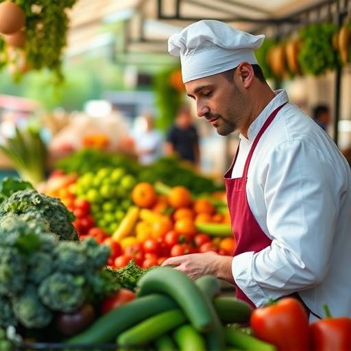 Chef selecting fresh produce at a local farmer's market