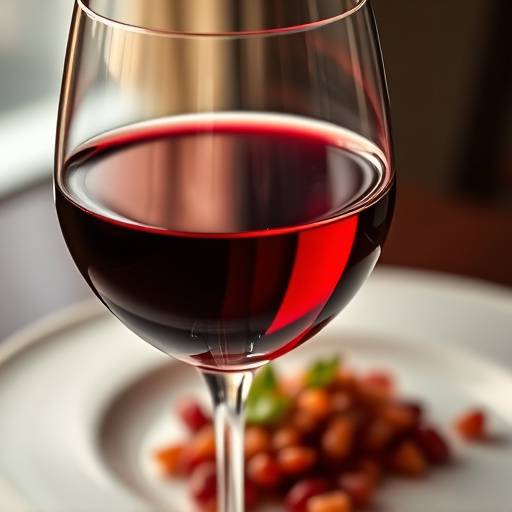 Close-up of a glass of red wine paired with a beautifully plated dish
