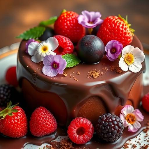 Decadent chocolate dessert with fresh berries and edible flowers