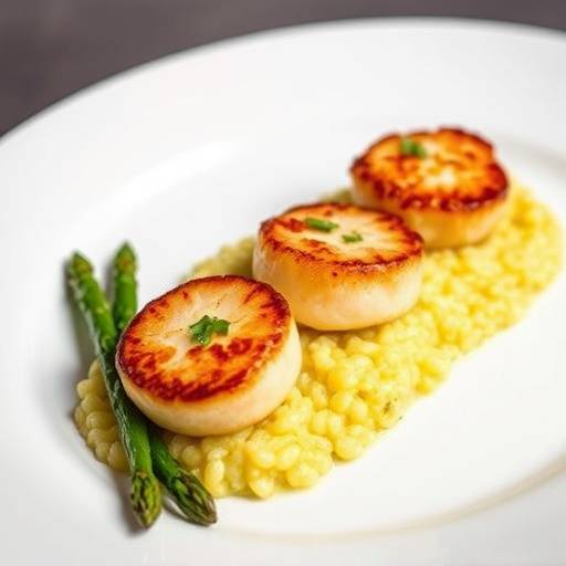 Deliciously prepared Seared Scallops with saffron risotto and asparagus
