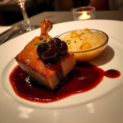 Duck Confit with cherry sauce and potato gratin