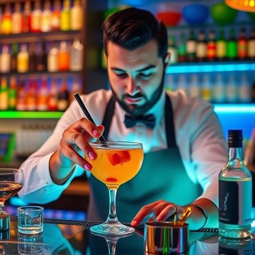 Expert mixologist crafting a colorful and refreshing cocktail at the bar