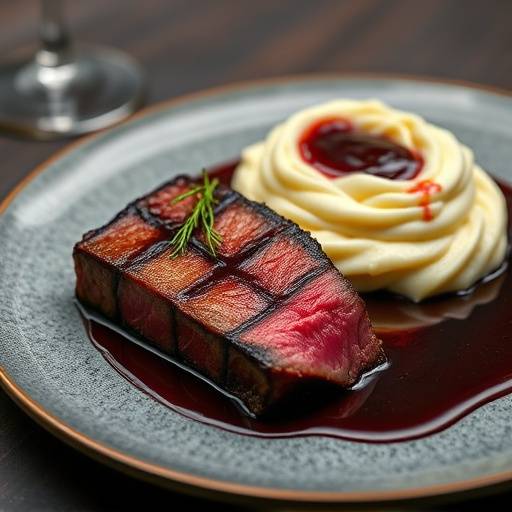 Exquisite Wagyu Steak with truffle mashed potatoes and red wine reduction