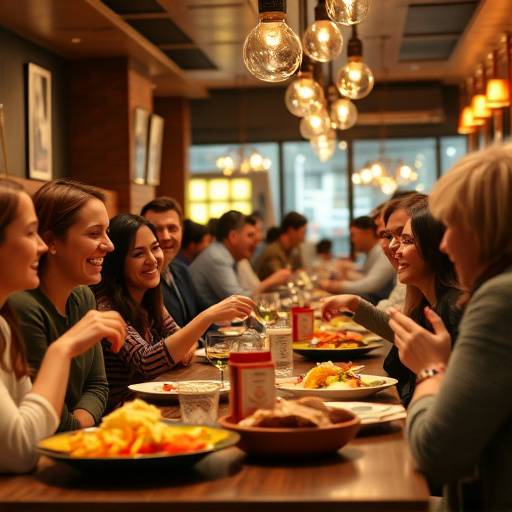Guests laughing and enjoying their meal in the lively atmosphere of the restaurant