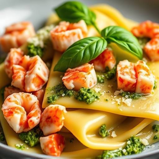 Handmade Lobster Ravioli with basil pesto and parmesan cheese