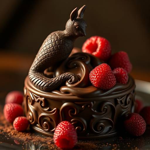 Intricate dessert presentation with chocolate sculpture and fresh berries