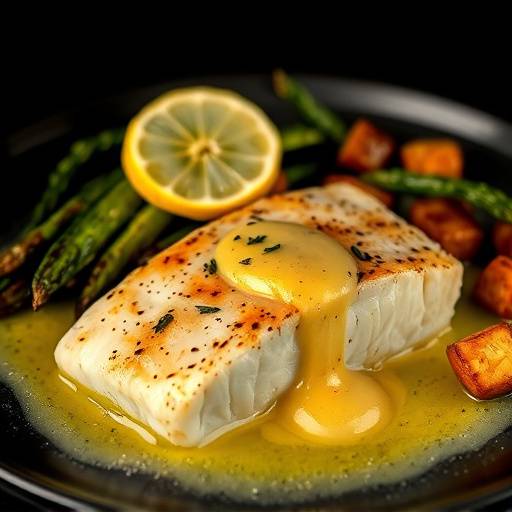 Pan-Seared Halibut with roasted vegetables and lemon beurre blanc