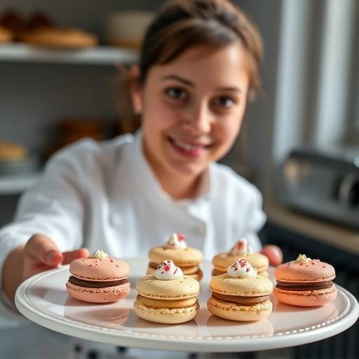 Pastry chef Isabelle Dupont holding a tray of macarons