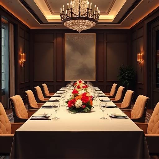 Private dining room set up for a special event, featuring a long table and floral arrangements