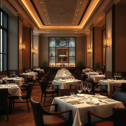 Restaurant dining area with elegant table settings and soft lighting