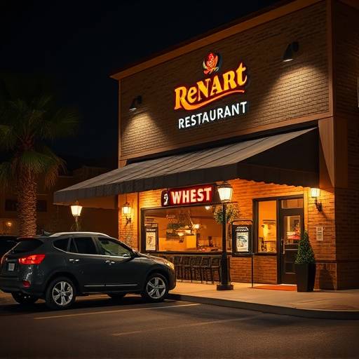 Restaurant exterior at night with warm, inviting lighting and valet service