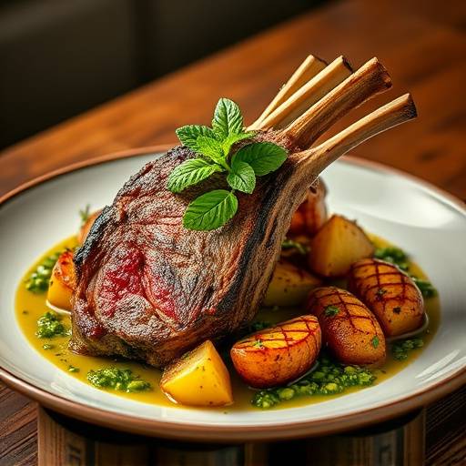 Roasted Rack of Lamb with rosemary potatoes and mint chimichurri