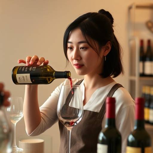 Sommelier Amelia Chen carefully selecting a bottle of wine