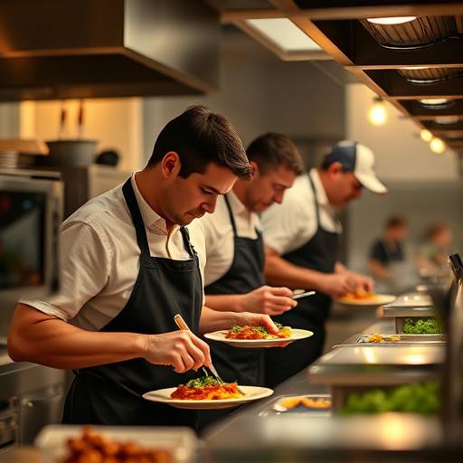 The kitchen crew working diligently during a busy dinner service