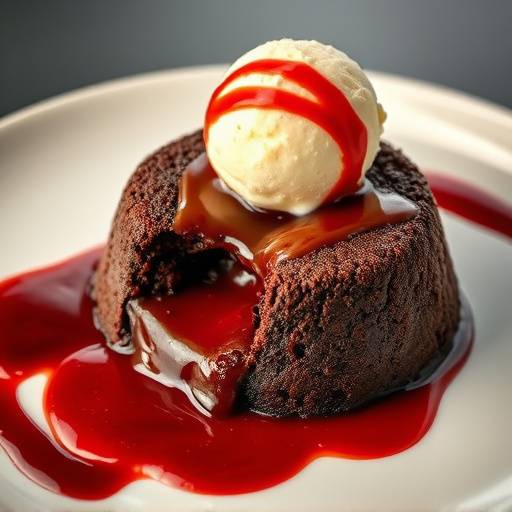 Warm Chocolate Lava Cake with vanilla ice cream and raspberry coulis